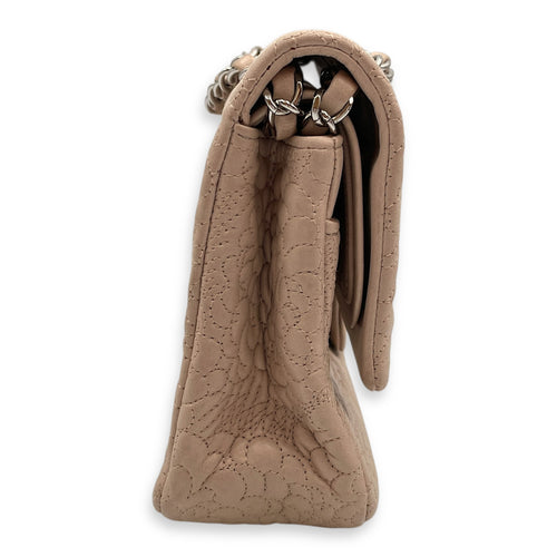 Camellia Embroidered Double Flap Beige Shoulder Bag in Lambskin, Silver hardware