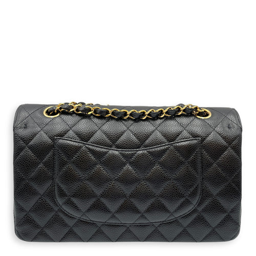 Classic Double Flap Medium Black Shoulder Bag in Caviar Leather, Gold hardware