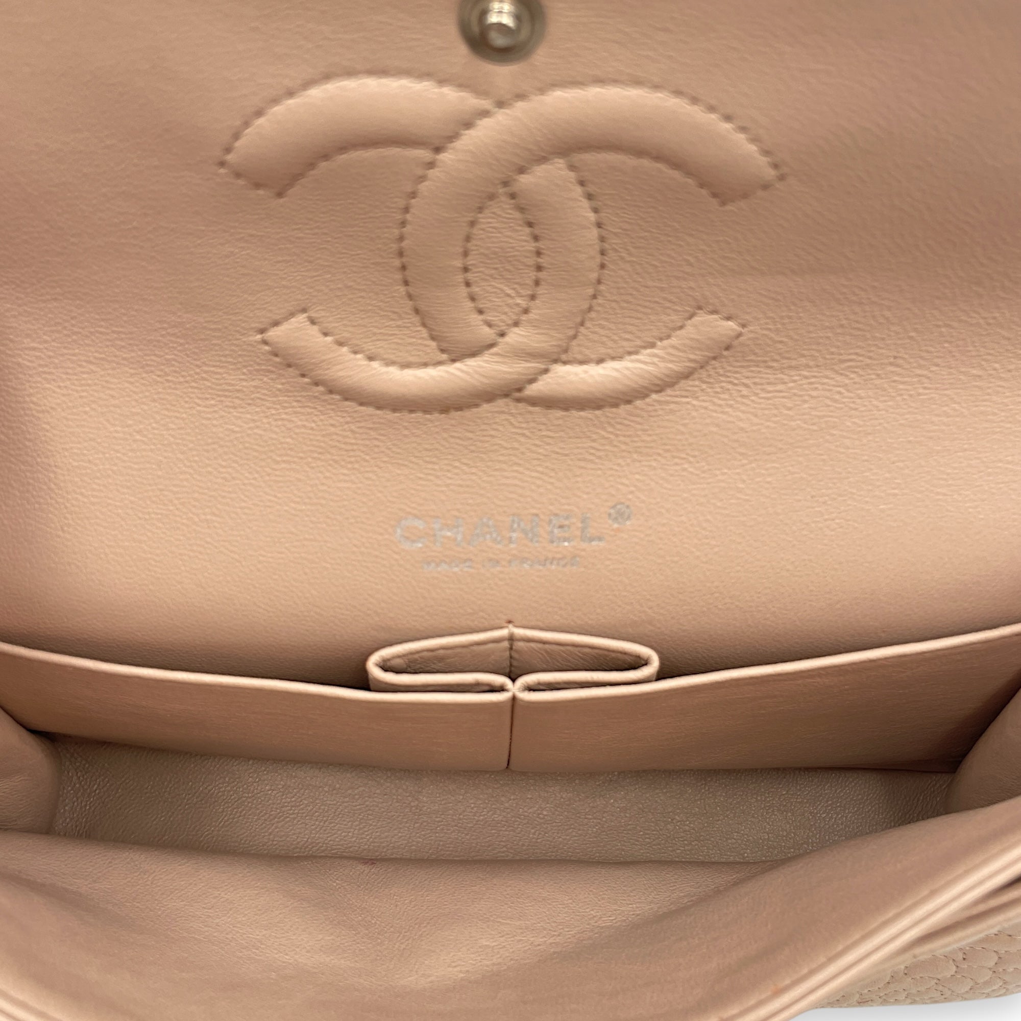 Camellia Embroidered Double Flap Beige Shoulder Bag in Lambskin, Silver hardware