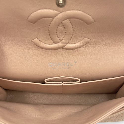 Camellia Embroidered Double Flap Beige Shoulder Bag in Lambskin, Silver hardware