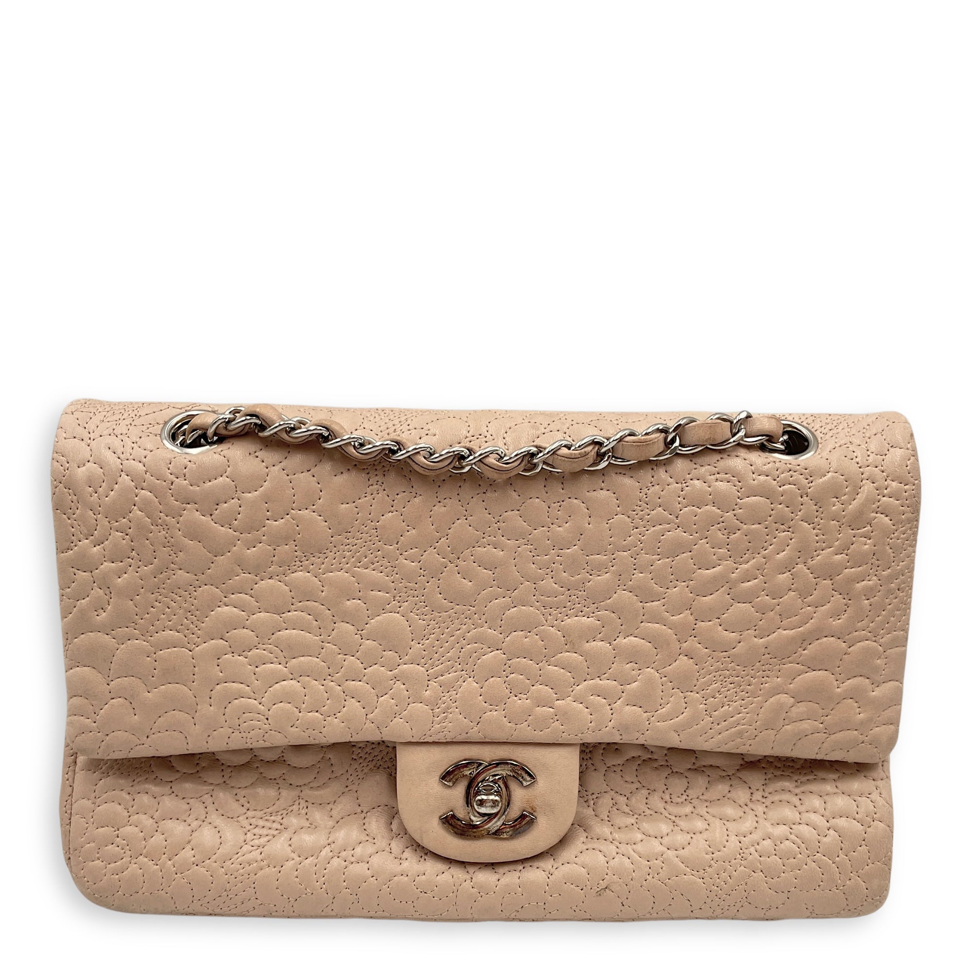 Camellia Embroidered Double Flap Beige Shoulder Bag in Lambskin, Silver hardware