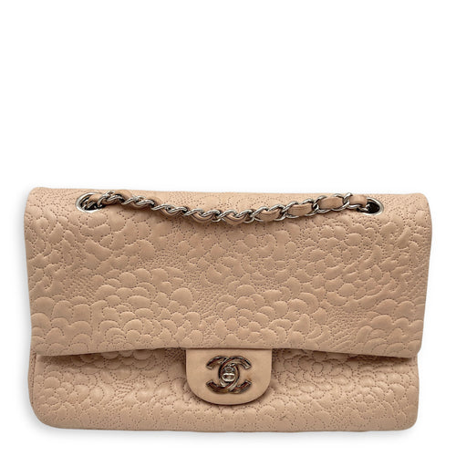 Camellia Embroidered Double Flap Beige Shoulder Bag in Lambskin, Silver hardware