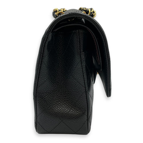 Classic Double Flap Medium Black Shoulder Bag in Caviar Leather, Gold hardware