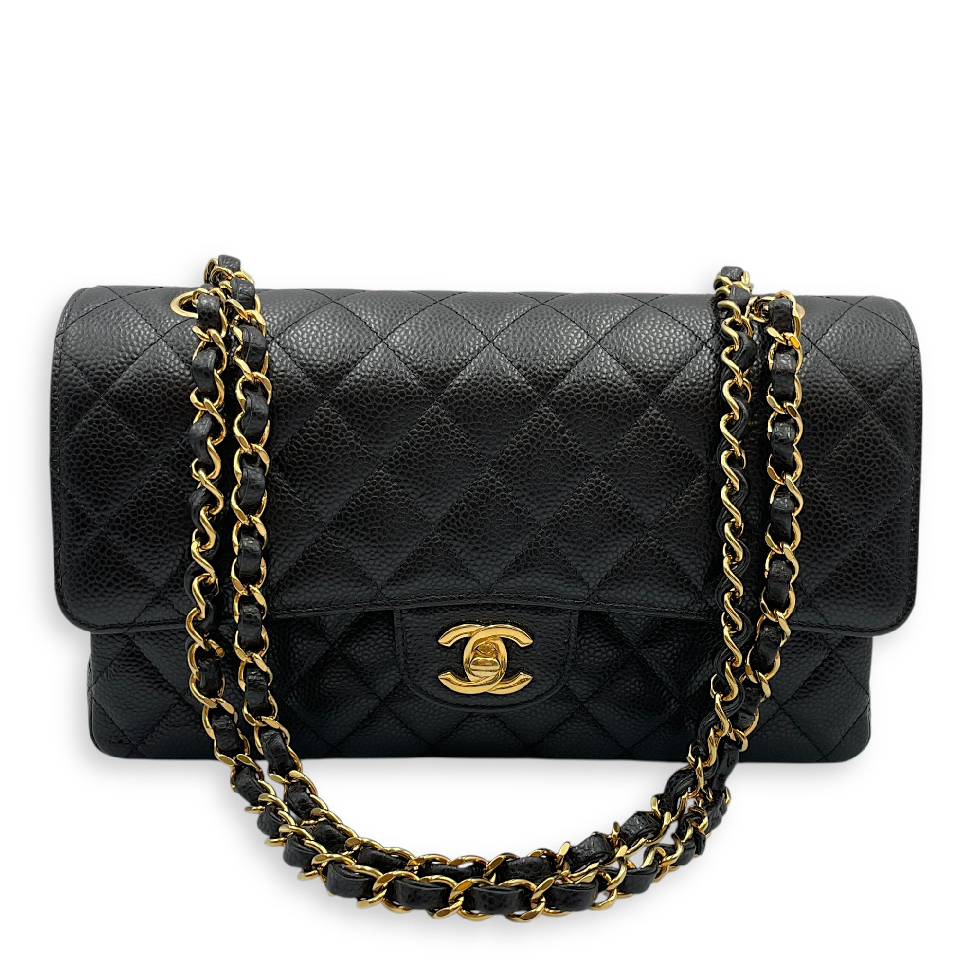 Classic Double Flap Medium Black Shoulder Bag in Caviar Leather, Gold hardware