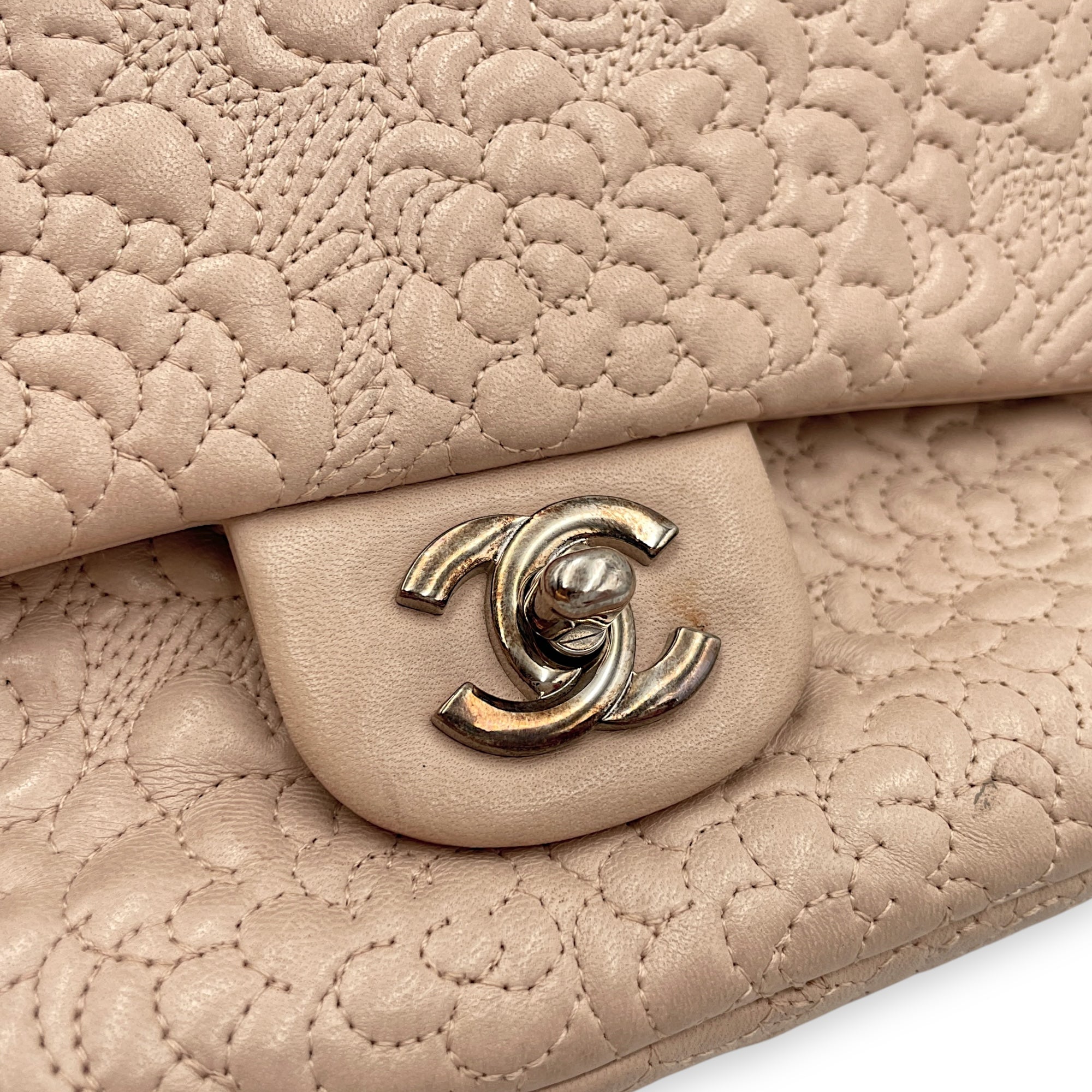 Camellia Embroidered Double Flap Beige Shoulder Bag in Lambskin, Silver hardware