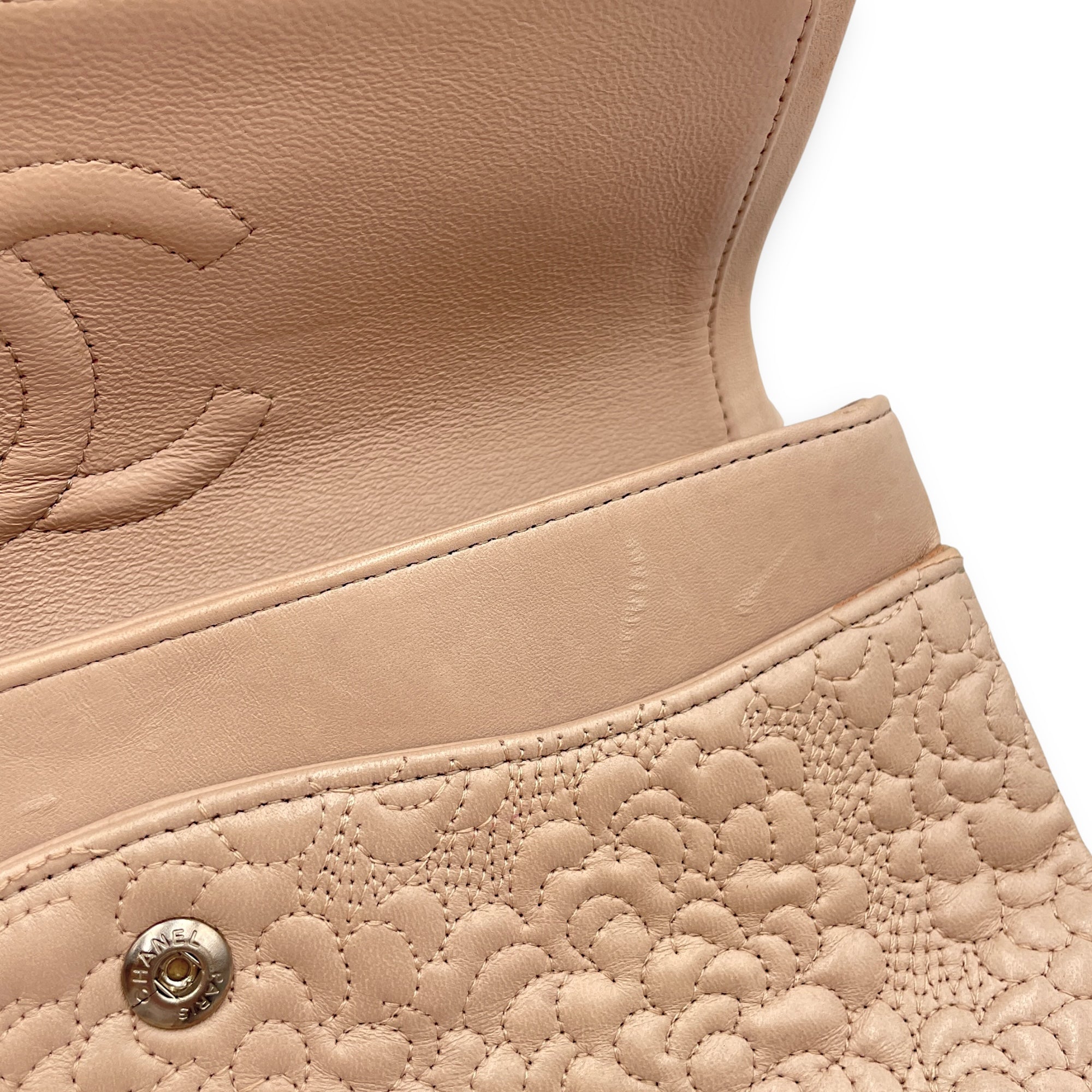 Camellia Embroidered Double Flap Beige Shoulder Bag in Lambskin, Silver hardware