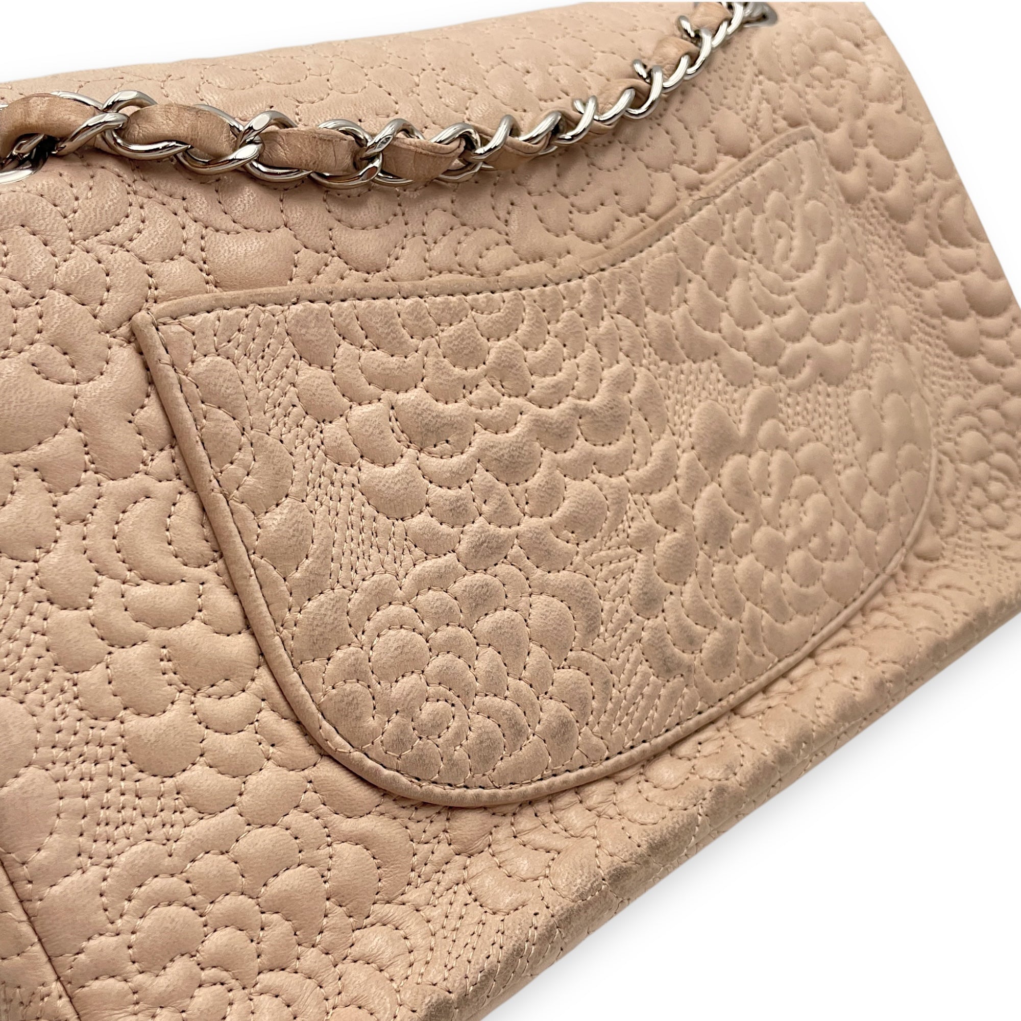 Camellia Embroidered Double Flap Beige Shoulder Bag in Lambskin, Silver hardware