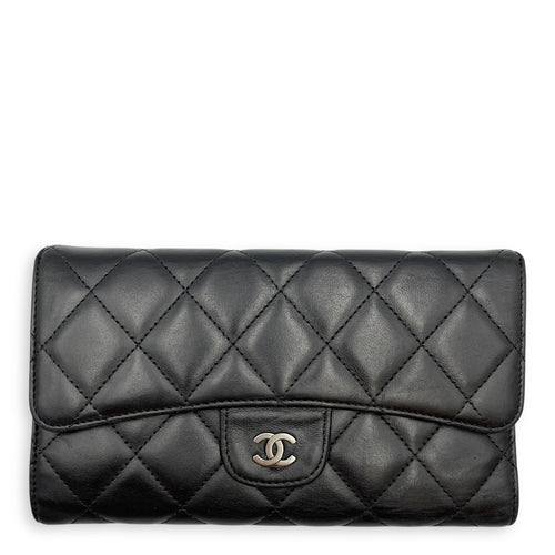 Classc Flap Long Black Wallet in Lambskin, Silver hardware