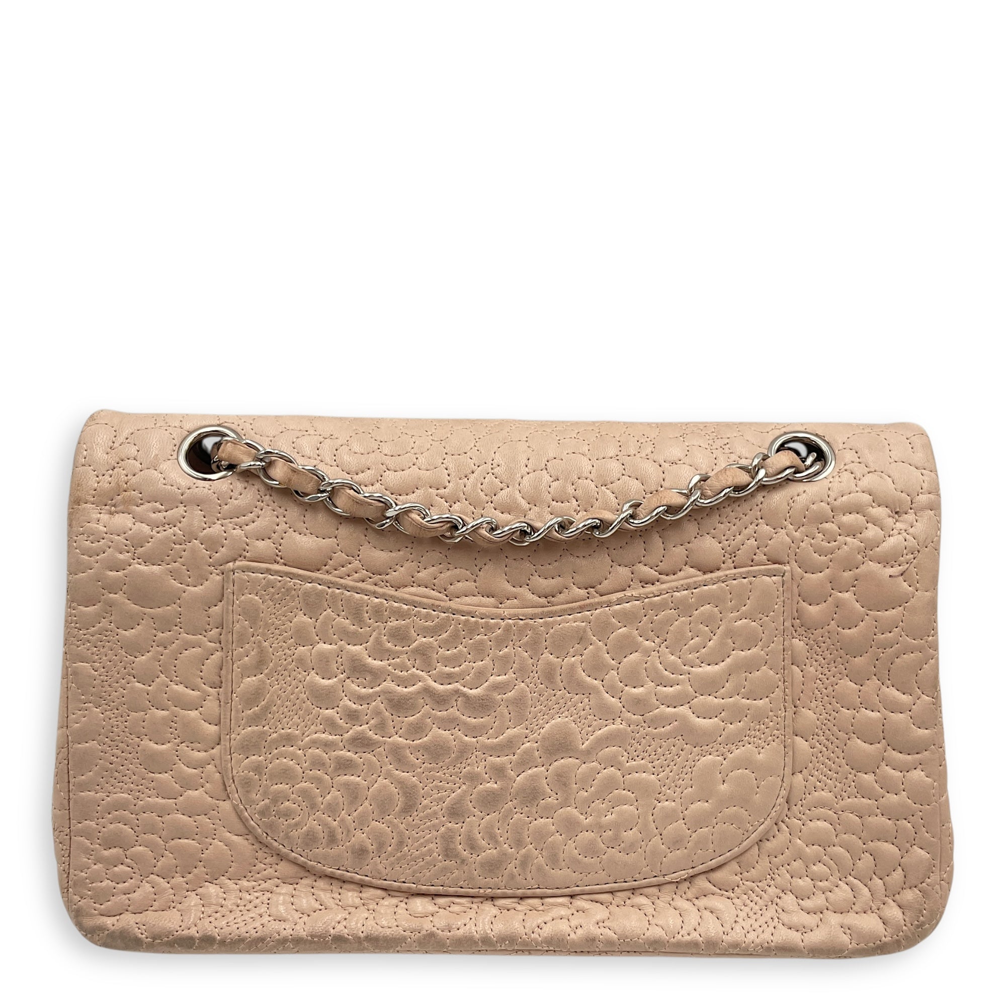 Camellia Embroidered Double Flap Beige Shoulder Bag in Lambskin, Silver hardware