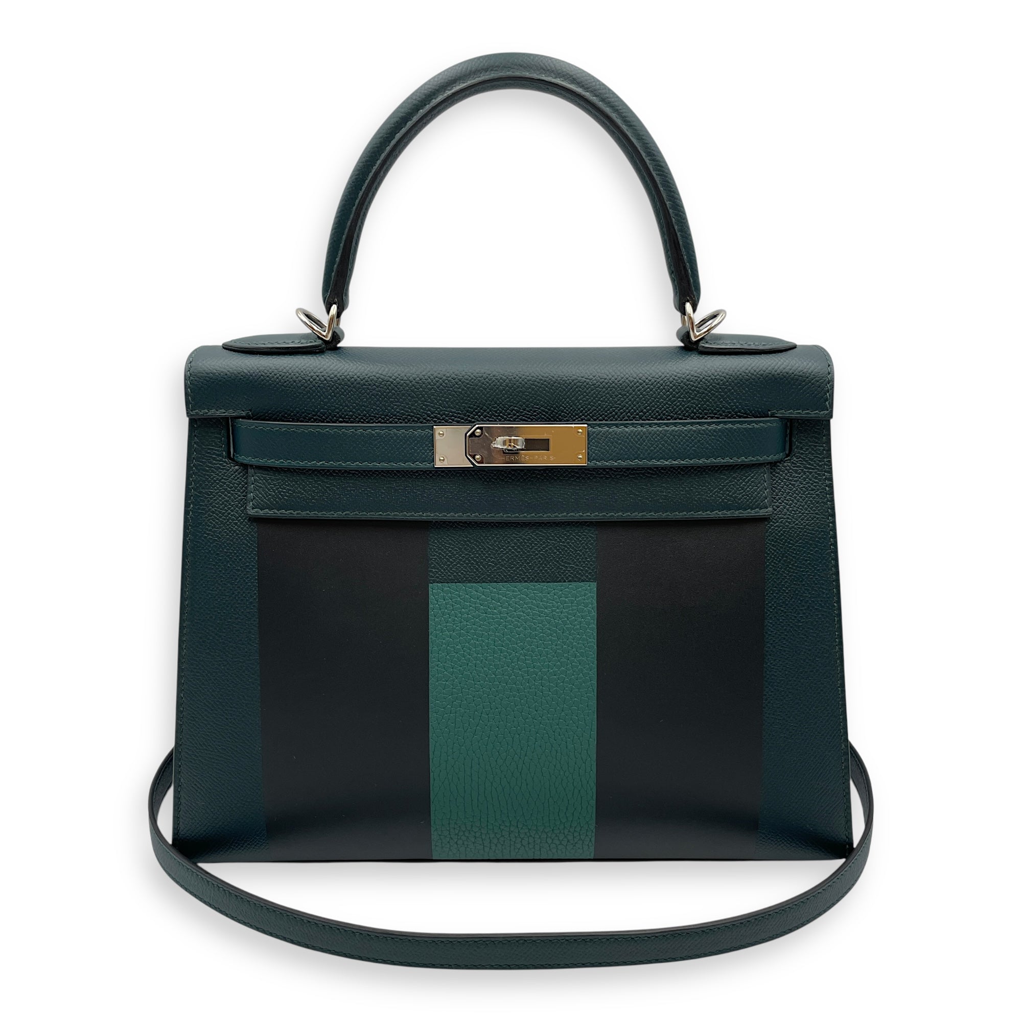 Lettre Sellier Kelly 28 Vert Cypres/Blue Obscure/Malachite in Epsom/Sombrero/Clemence, Palladium hardware