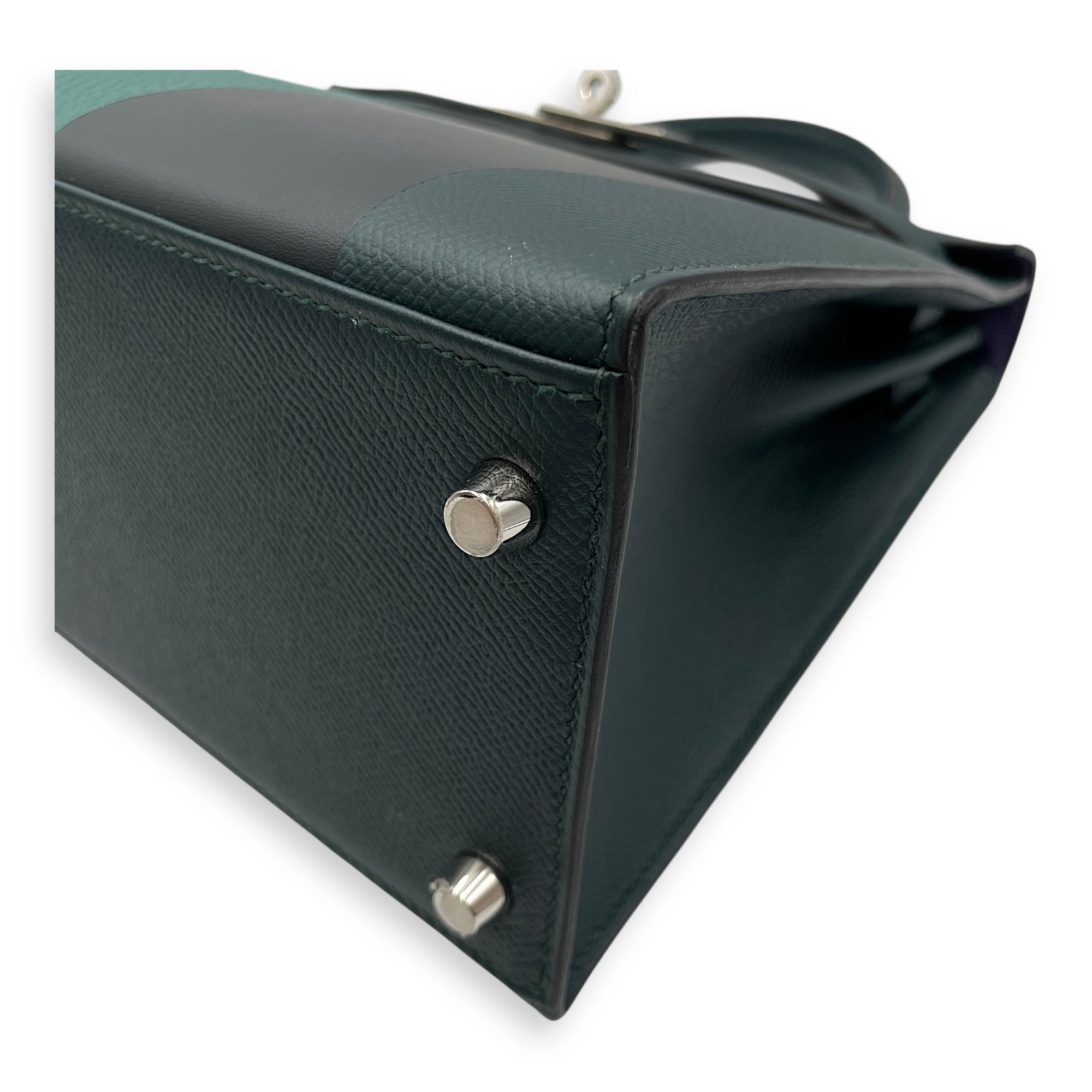 Lettre Sellier Kelly 28 Vert Cypres/Blue Obscure/Malachite in Epsom/Sombrero/Clemence, Palladium hardware