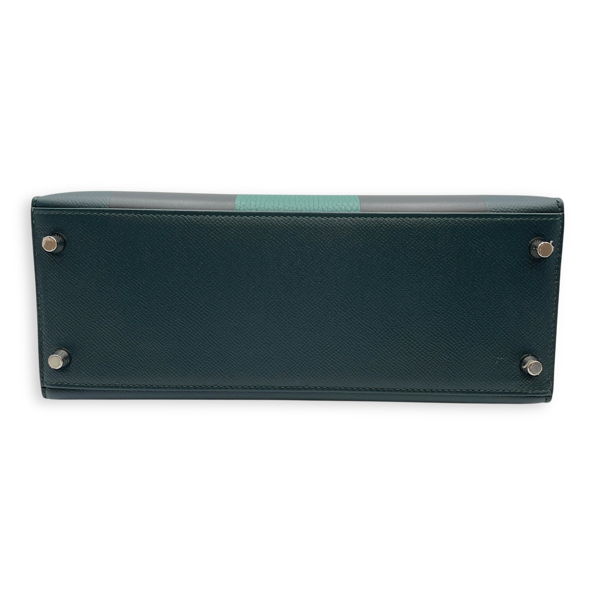 Lettre Sellier Kelly 28 Vert Cypres/Blue Obscure/Malachite in Epsom/Sombrero/Clemence, Palladium hardware