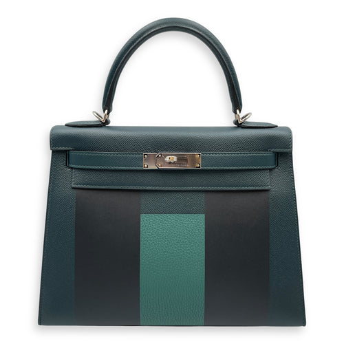 Lettre Sellier Kelly 28 Vert Cypres/Blue Obscure/Malachite in Epsom/Sombrero/Clemence, Palladium hardware