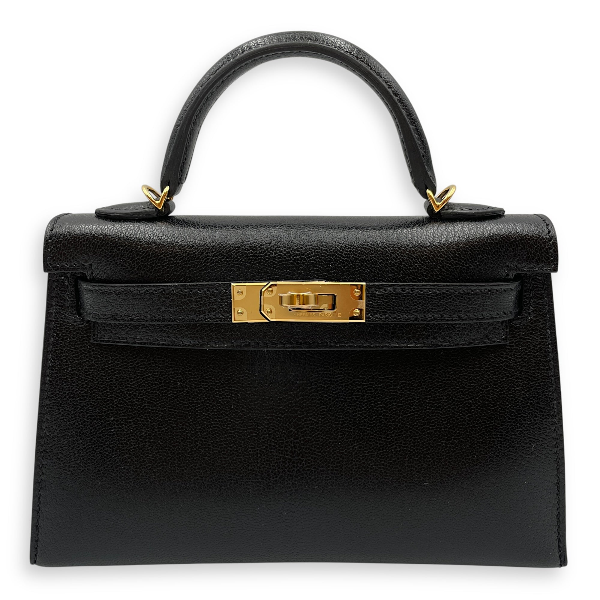 Sellier Kelly 20 Black in Chevre Chamkila, Gold hardware