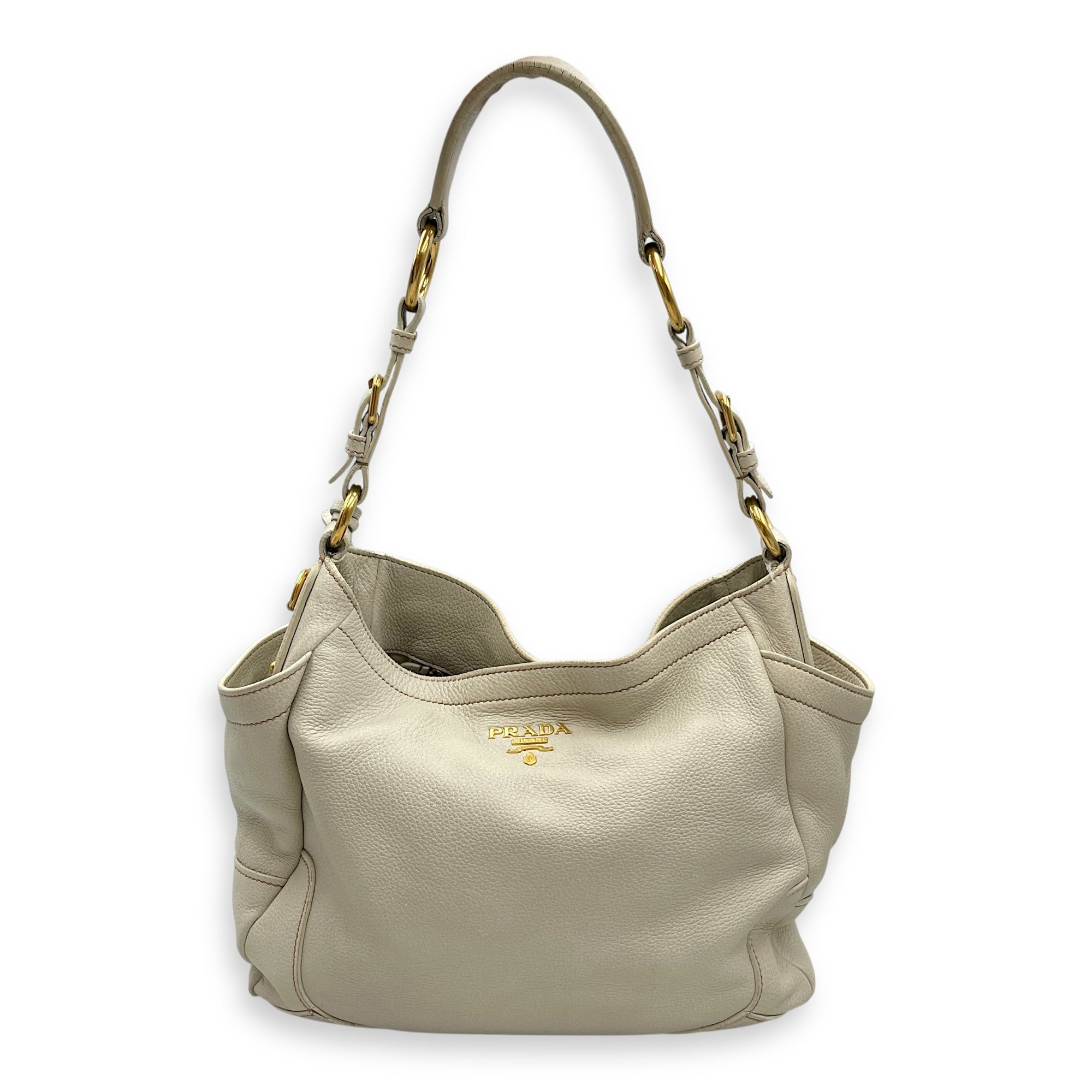 Vitello Daino White Hobo Bag in Calfskin, Gold hardware
