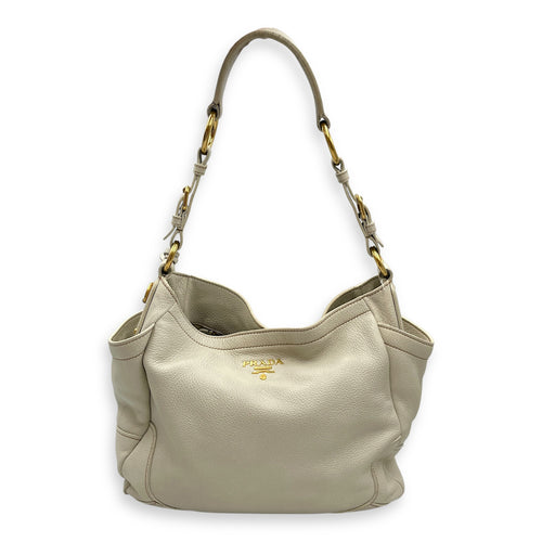 Vitello Daino White Hobo Bag in Calfskin, Gold hardware