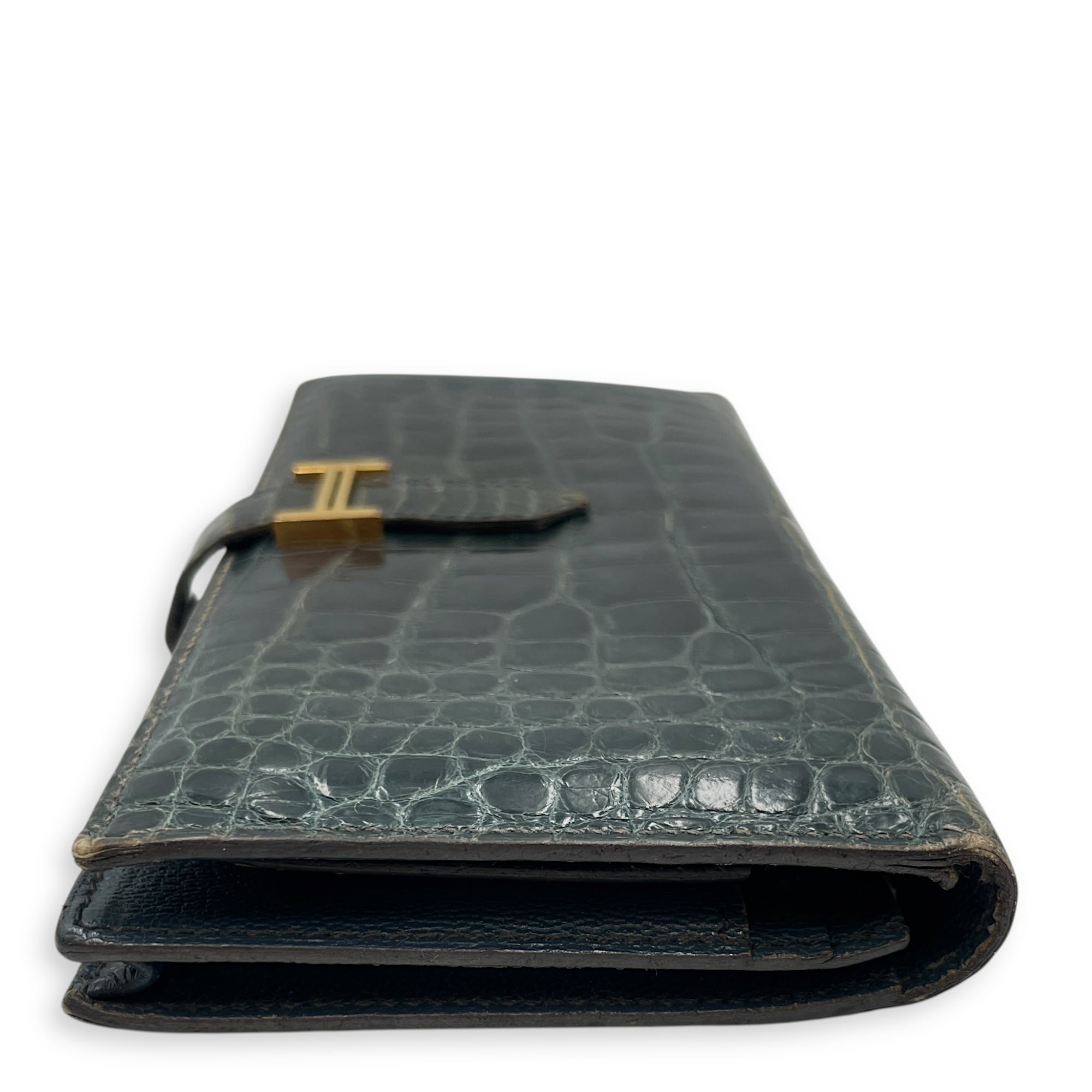 Bearn Bi Fold Colvert Long Wallet in Shiny Alligator, Palladium hardware