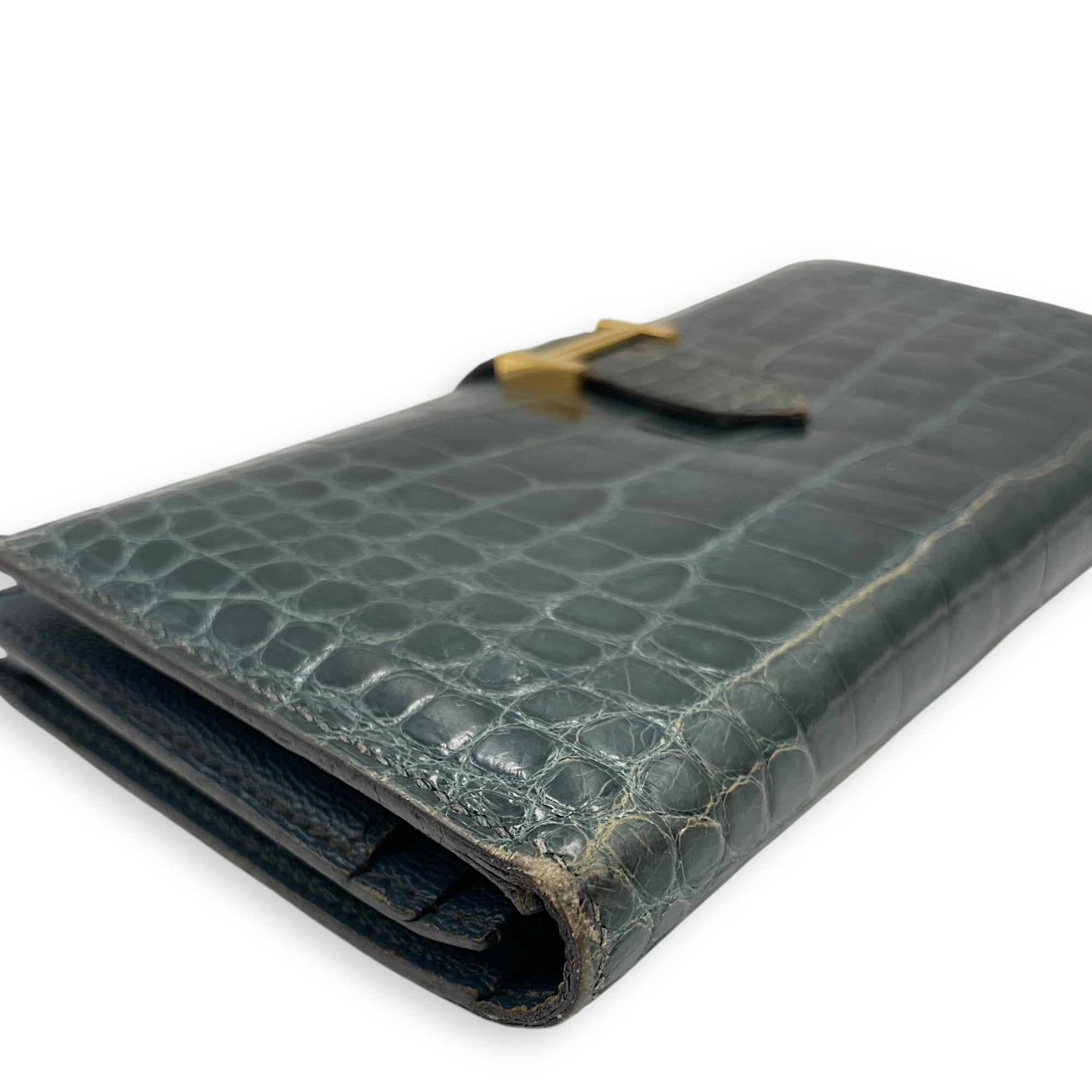 Bearn Bi Fold Colvert Long Wallet in Shiny Alligator, Palladium hardware