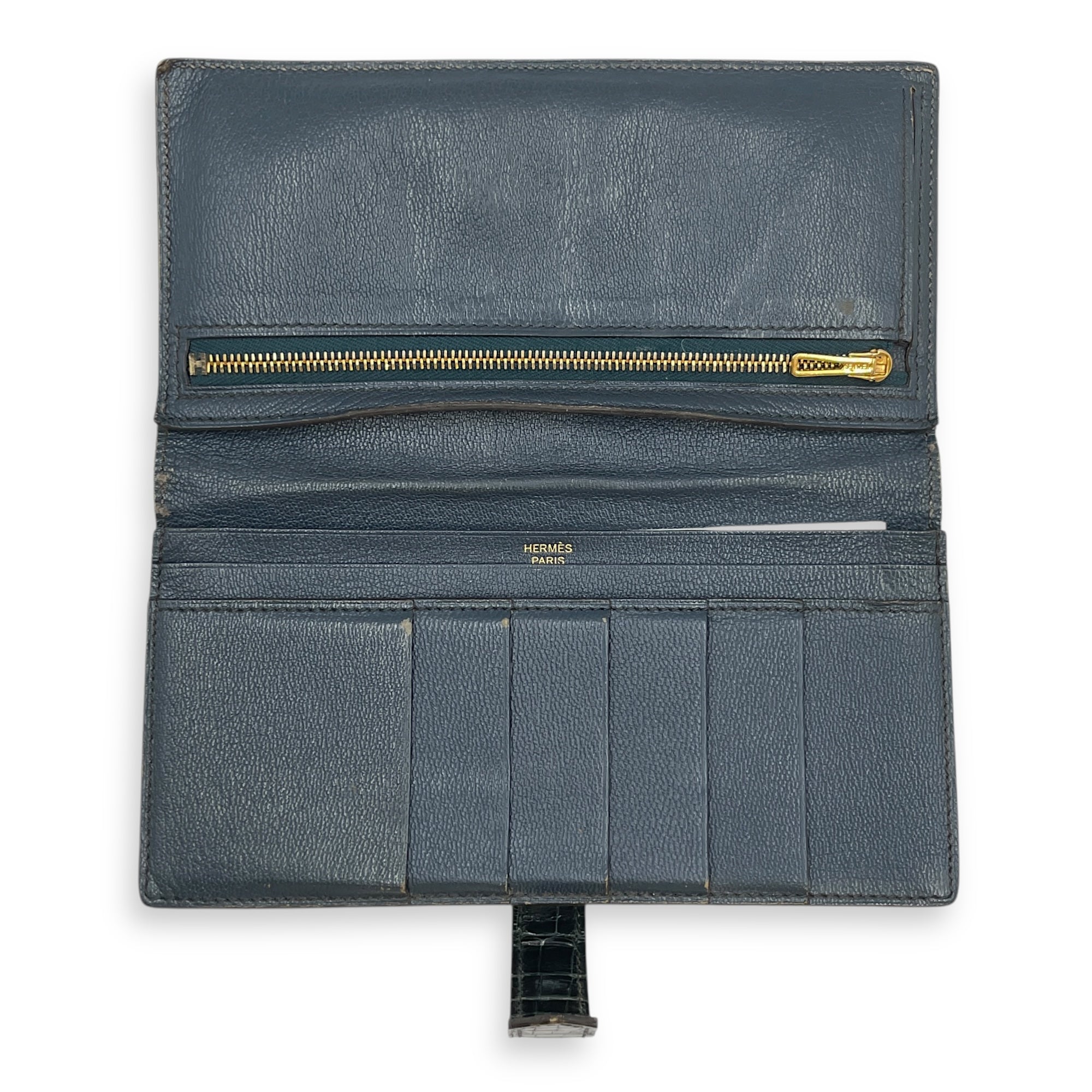 Bearn Bi Fold Colvert Long Wallet in Shiny Alligator, Palladium hardware