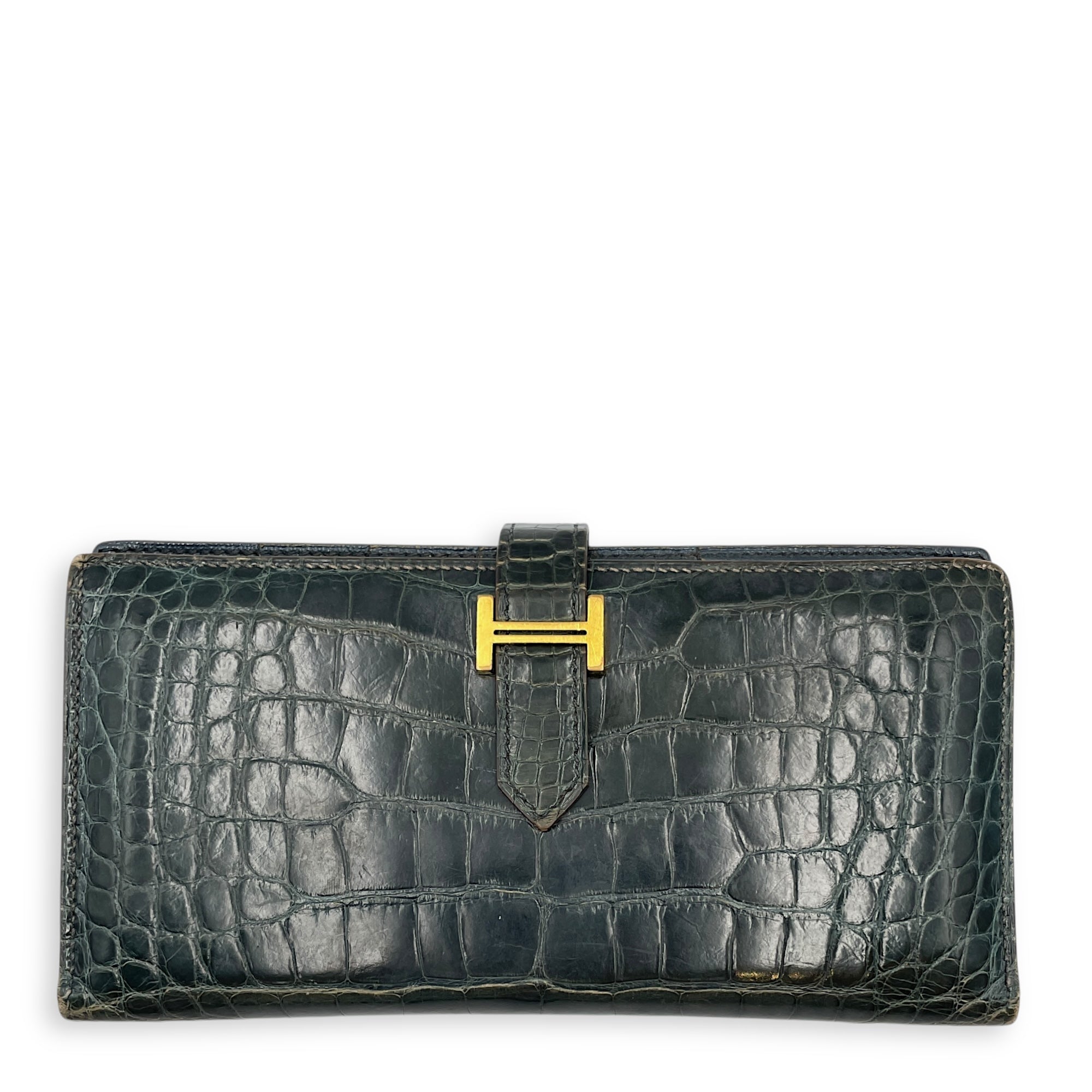 Bearn Bi Fold Colvert Long Wallet in Shiny Alligator, Palladium hardware