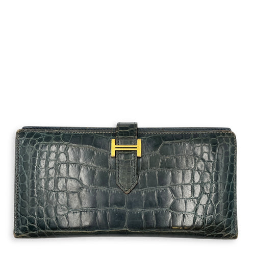 Bearn Bi Fold Colvert Long Wallet in Shiny Alligator, Palladium hardware