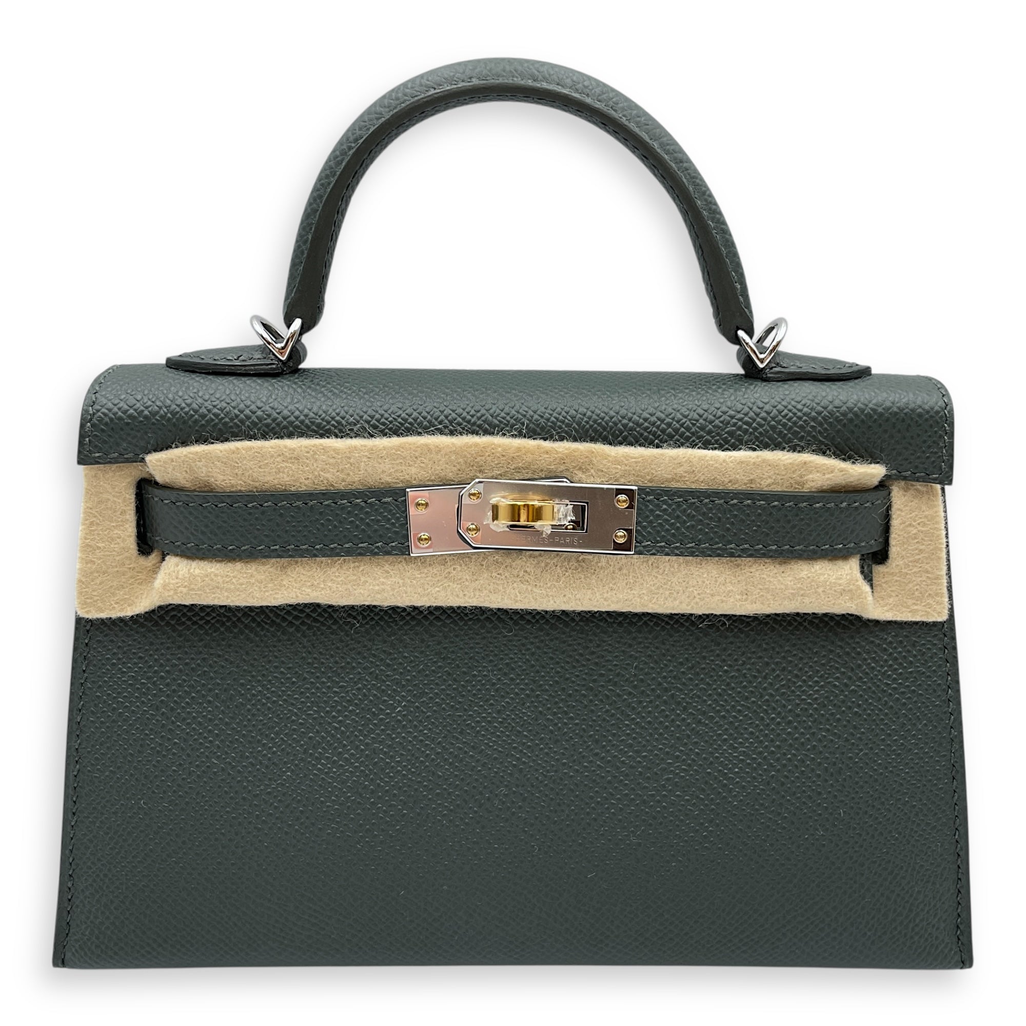 Sellier Kelly 20 Vert Mangrove in Epsom, Electrum hardware