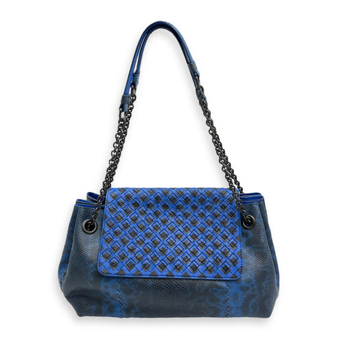 Intrecciato Cravatteria Flap Blue Shoulder Bag in Lizard Ruthenium hardware