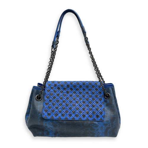 Intrecciato Cravatteria Flap Blue Shoulder Bag in Lizard Ruthenium hardware CL2508-14674 1