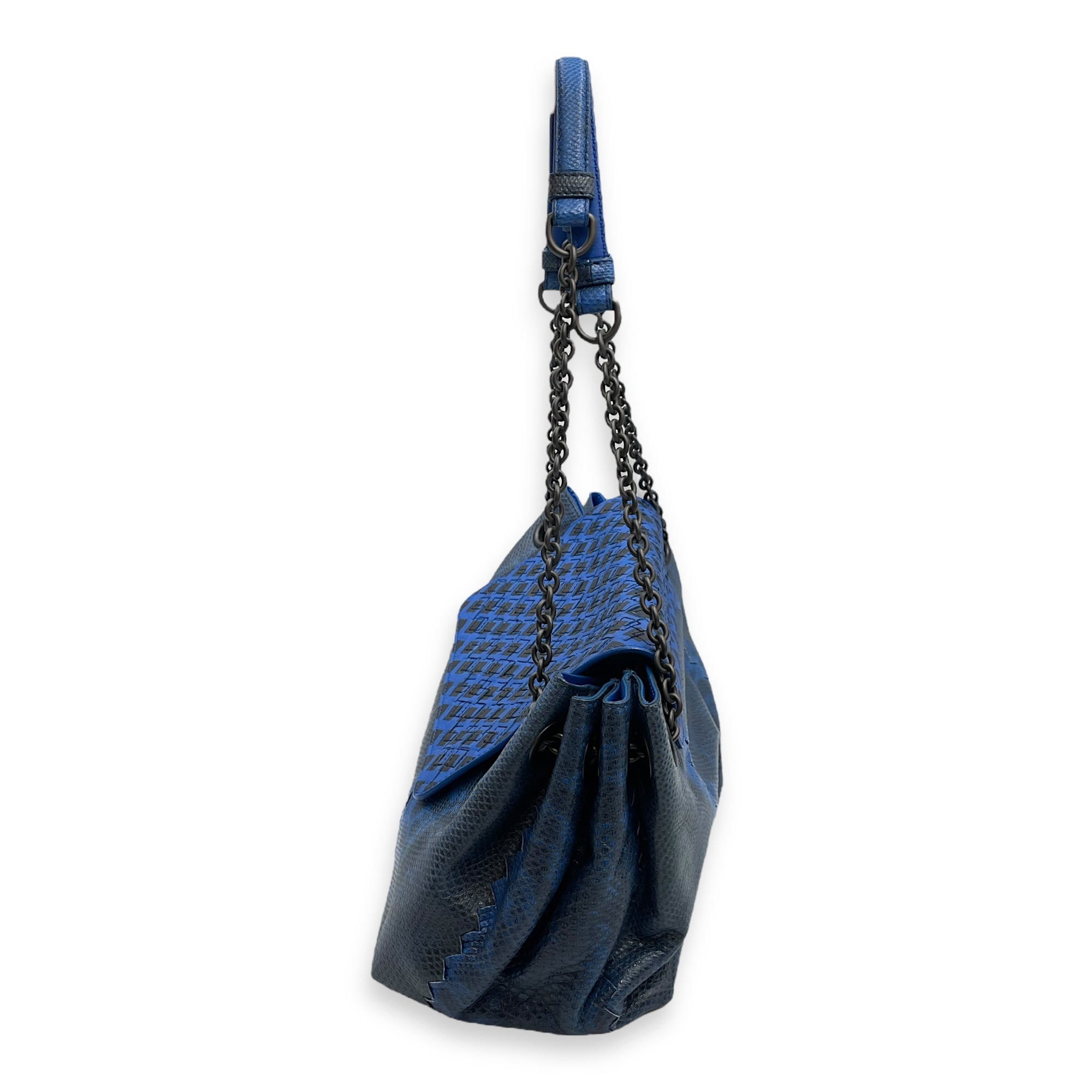 Intrecciato Cravatteria Flap Blue Shoulder Bag in Lizard, Ruthenium hardware
