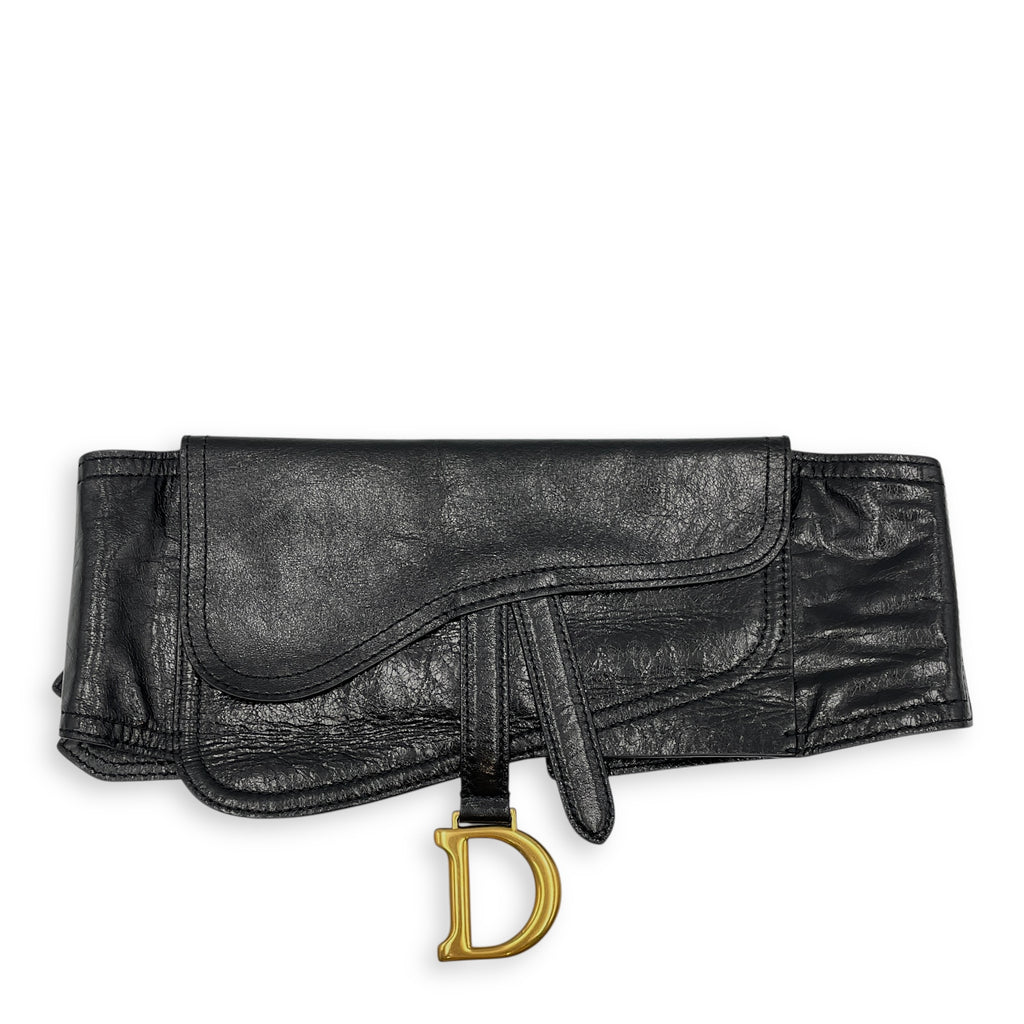 Saddle Waist Black Belt in Calfskin, Gold hardware