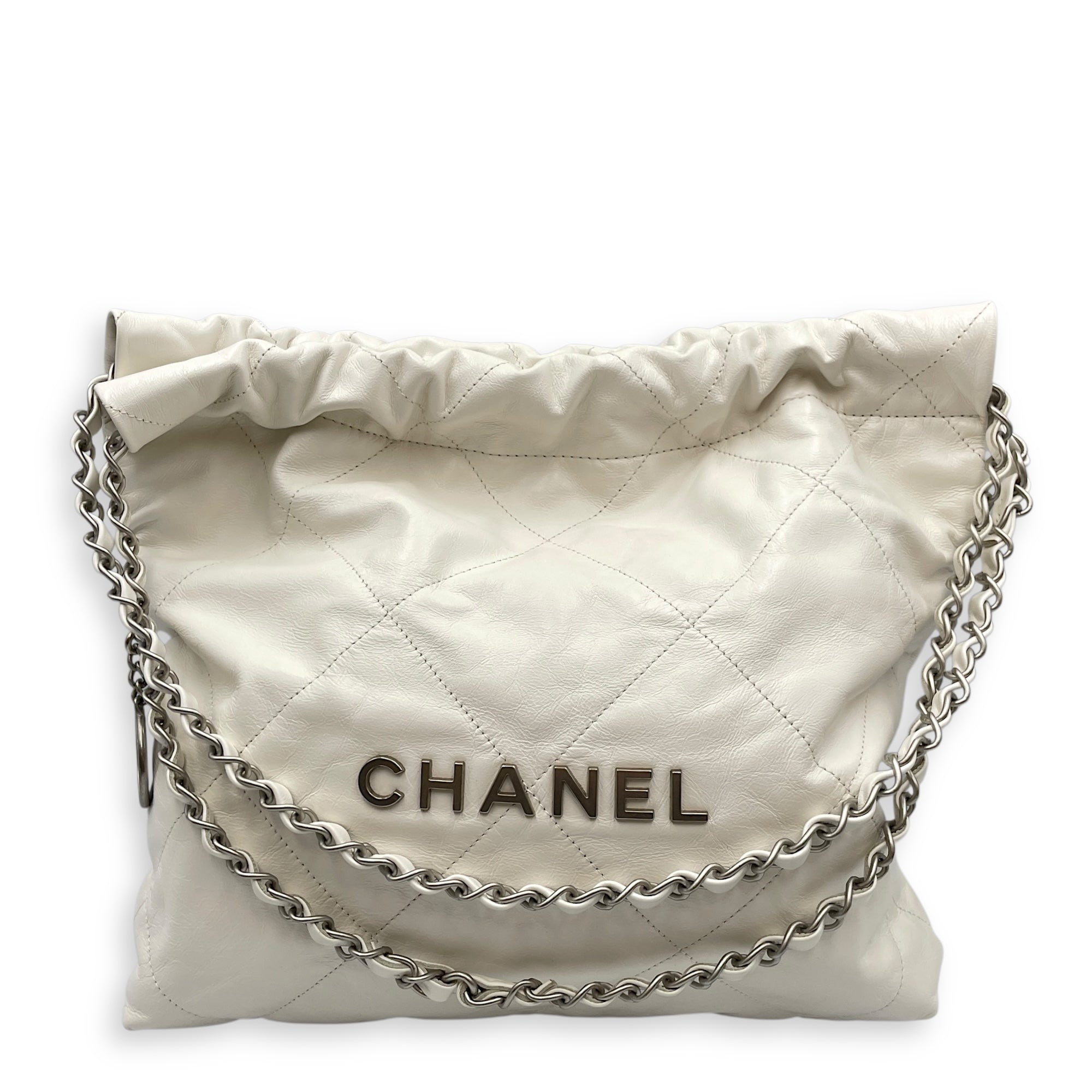 C22 Small White Shoulder Bag in Calfskin, Silver hardware