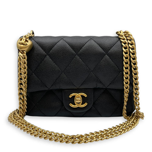 Sweetheart Square Mini Black Flap Bag in Caviar Leather, Gold hardware