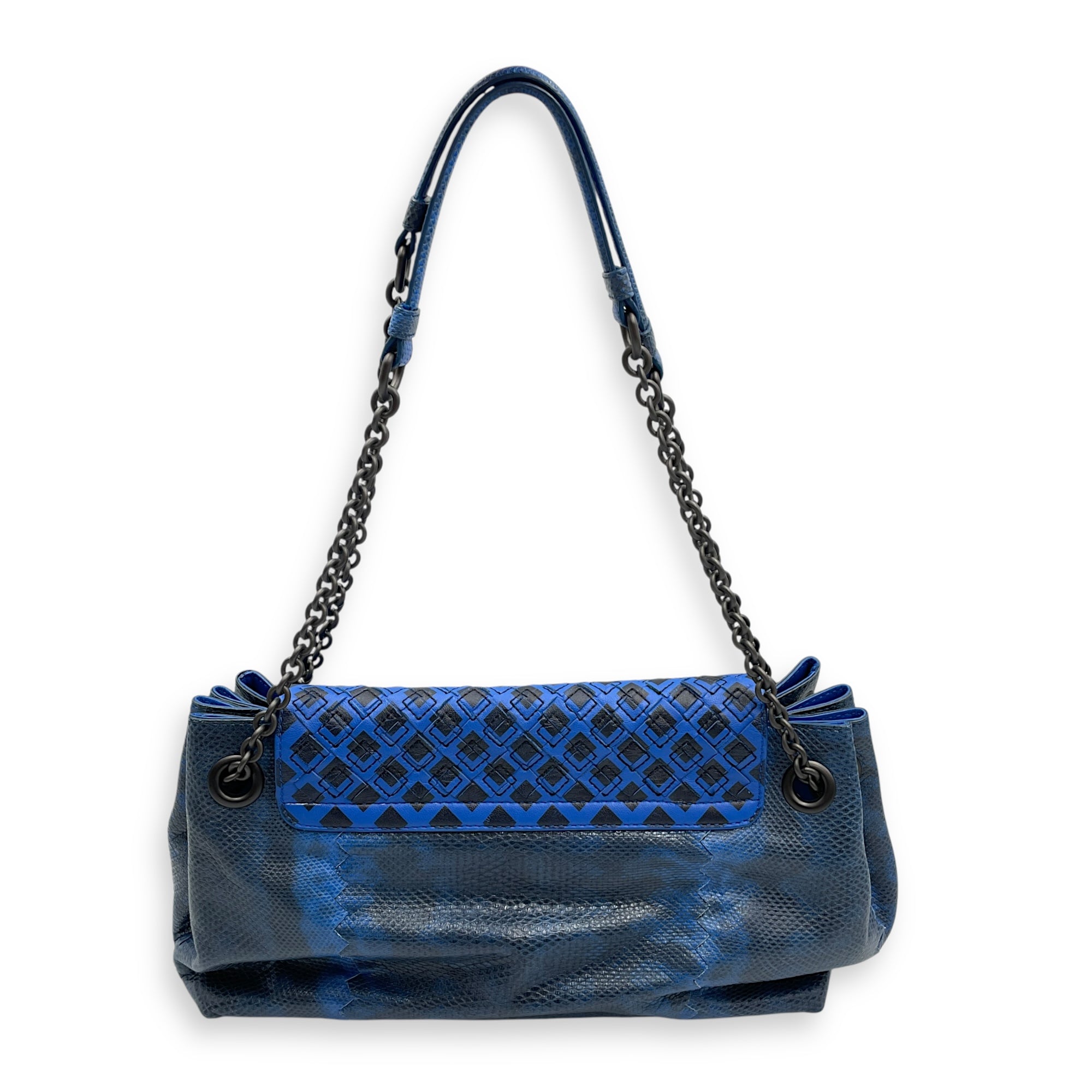 Intrecciato Cravatteria Flap Blue Shoulder Bag in Lizard, Ruthenium hardware