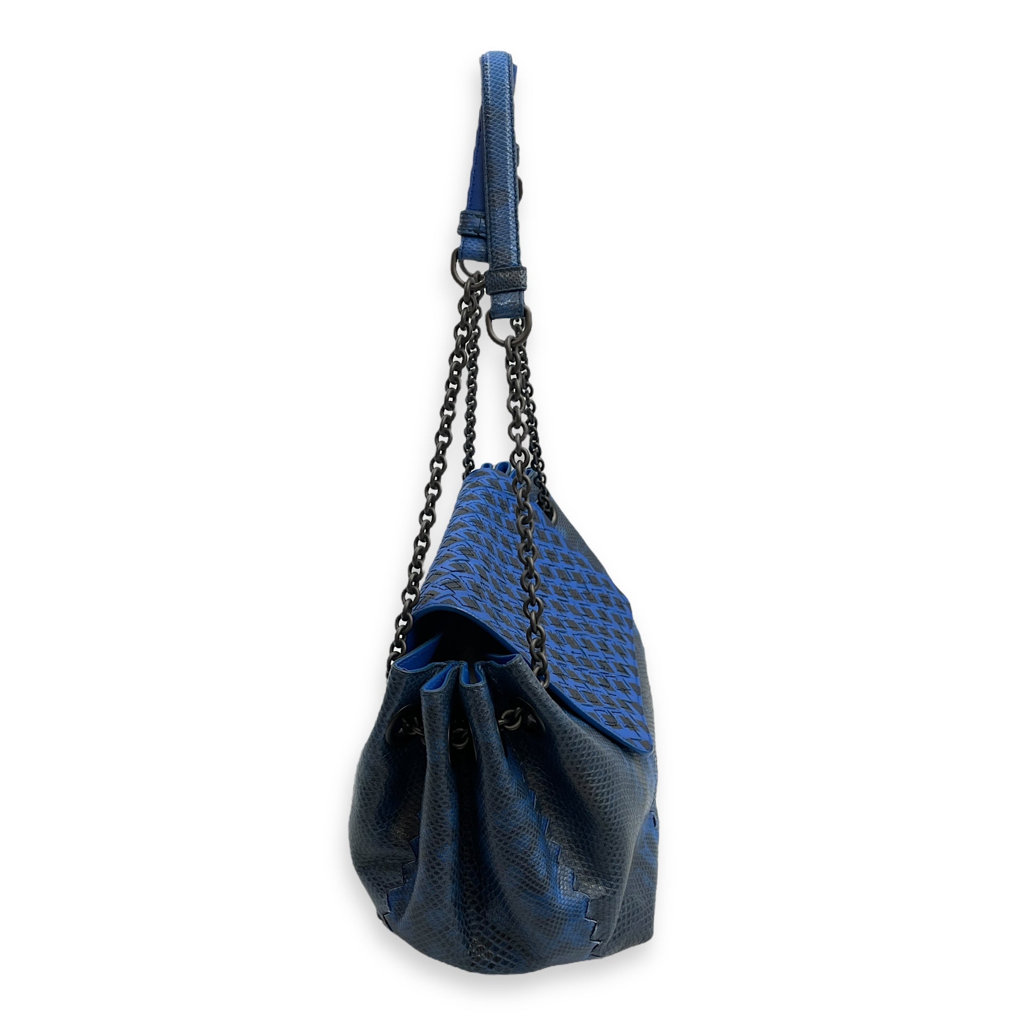 Intrecciato Cravatteria Flap Blue Shoulder Bag in Lizard, Ruthenium hardware