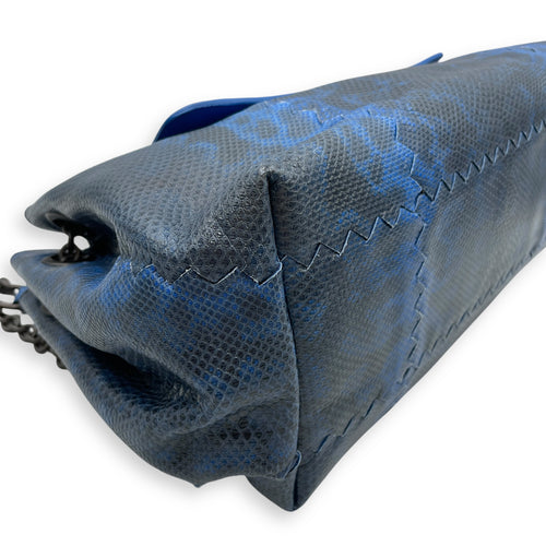Intrecciato Cravatteria Flap Blue Shoulder Bag in Lizard, Ruthenium hardware
