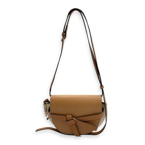 Gate Small Beige Crossbody Bag in Calfskin, Gold hardware