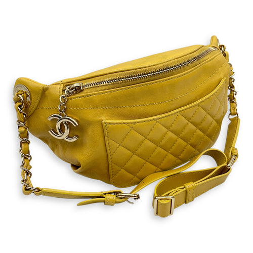 Quilted Yellow Waist Pouch in Calfskin, Gold hardware