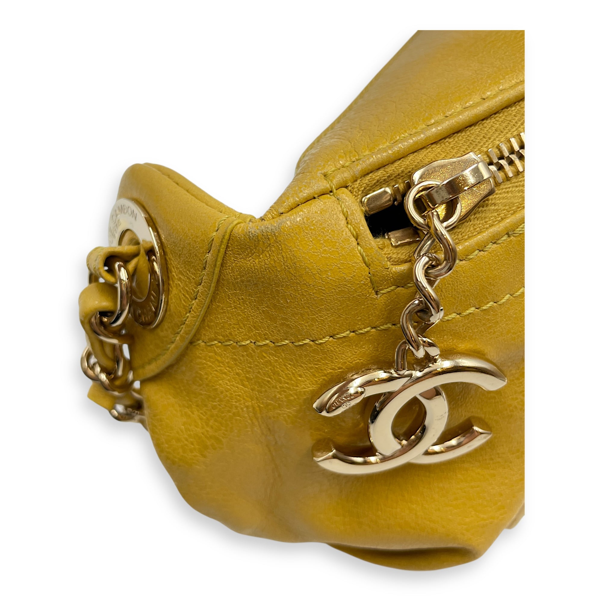 Quilted Yellow Waist Pouch in Calfskin, Gold hardware