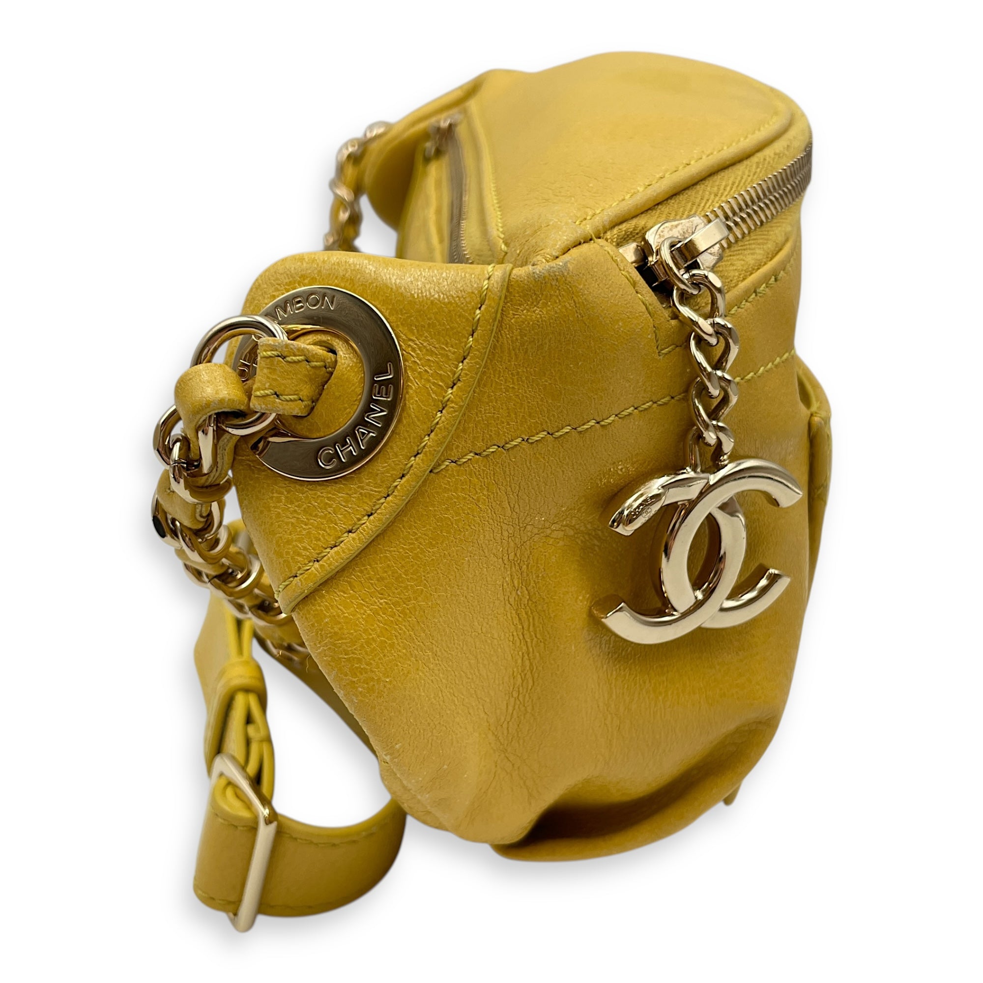 Quilted Yellow Waist Pouch in Calfskin, Gold hardware