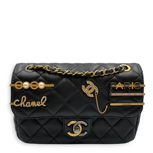 Quilted CoCo with Charms Black Flap Bag in Lambskin, Gold / ruthenium hardware