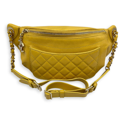 Quilted Yellow Waist Pouch in Calfskin, Gold hardware
