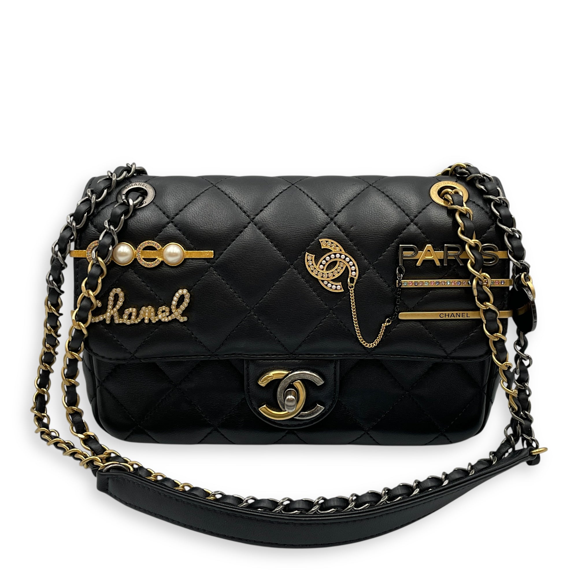 Quilted CoCo with Charms Black Flap Bag in Lambskin, Gold / ruthenium hardware