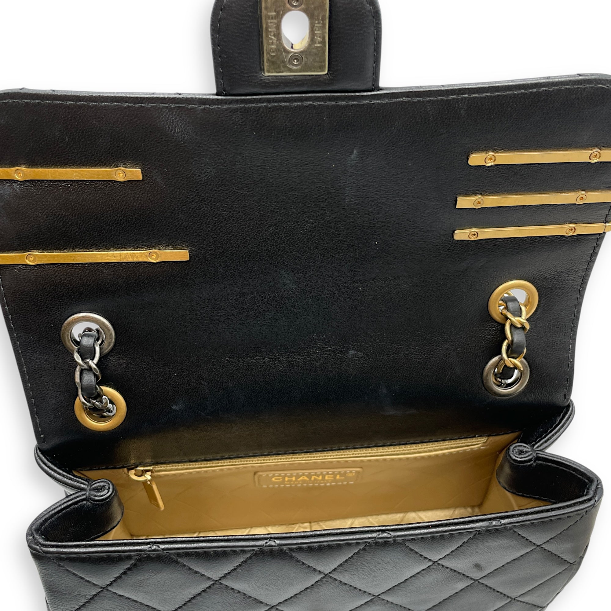 Quilted CoCo with Charms Black Flap Bag in Lambskin, Gold / ruthenium hardware