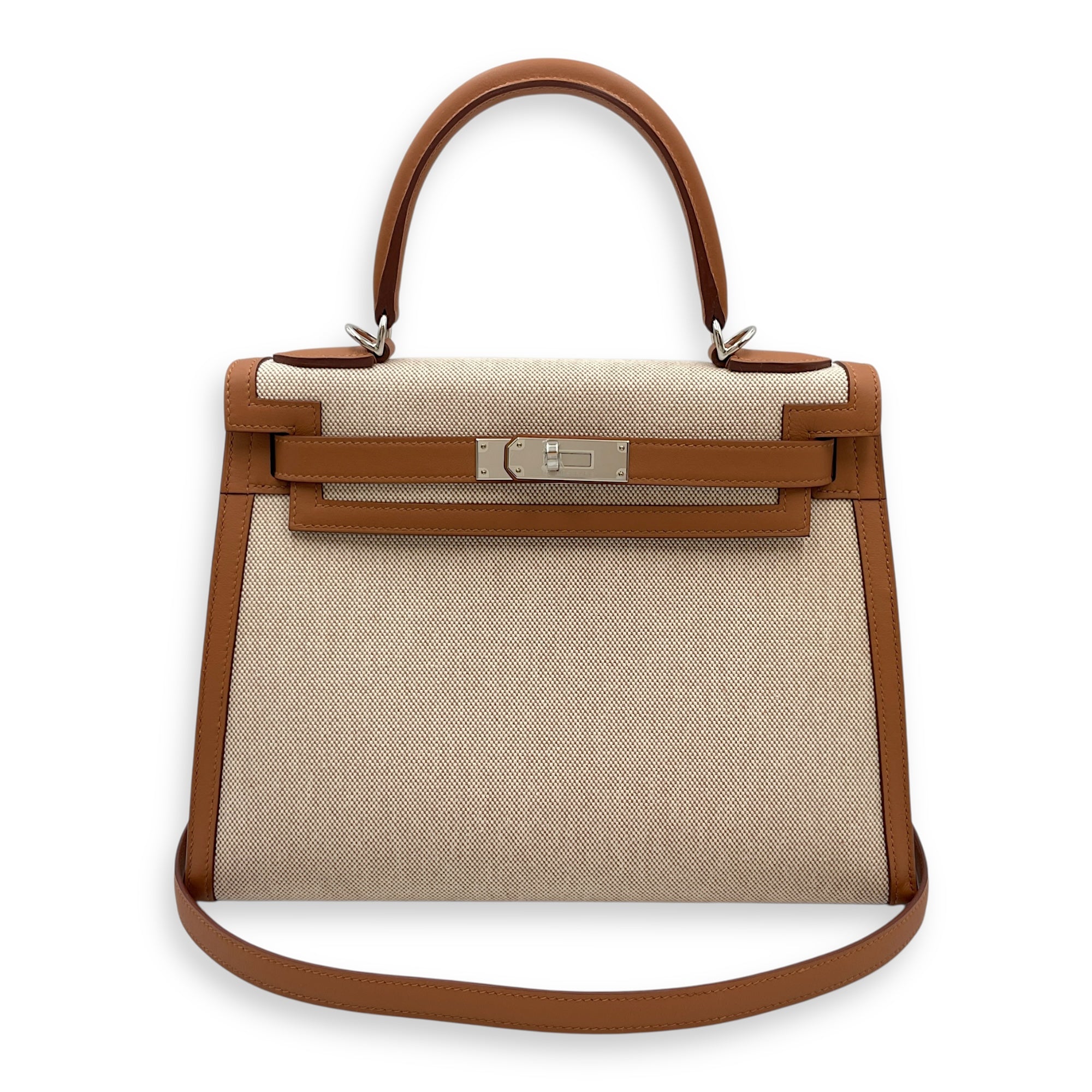 Sellier Kelly 28 Gold/Beige-Ecru in Swift/Toile Palladium hardware CL2508-14755 3