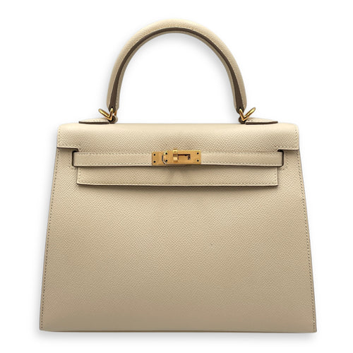 HSS Sellier Kelly 25 Nata/Gris Perle in Epsom, Gold hardware