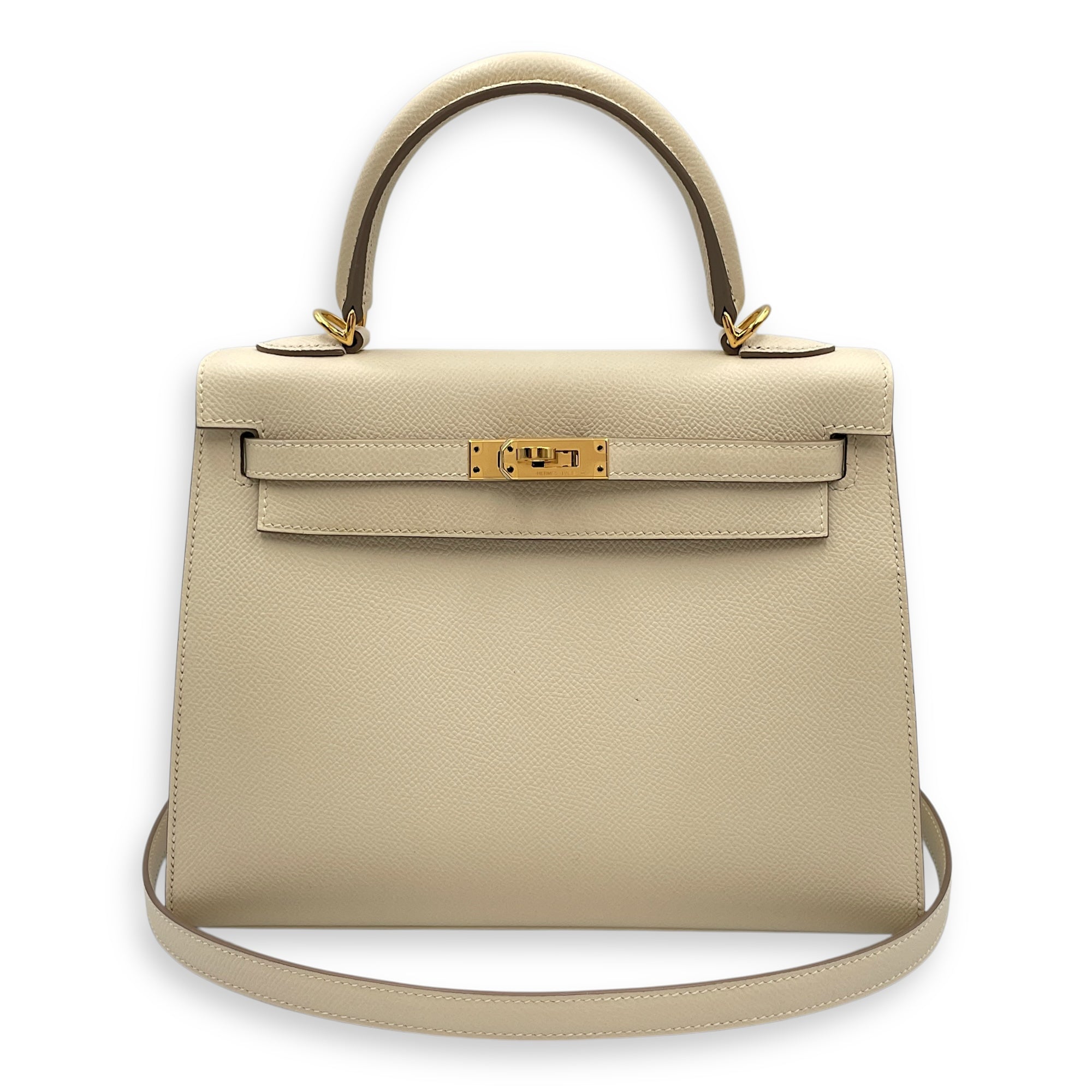 HSS Sellier Kelly 25 Nata/Gris Perle in Epsom, Gold hardware