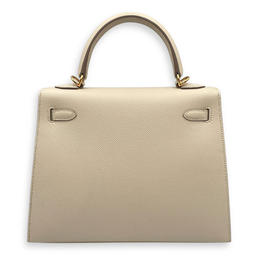 HSS Sellier Kelly 25 Nata/Gris Perle in Epsom, Gold hardware