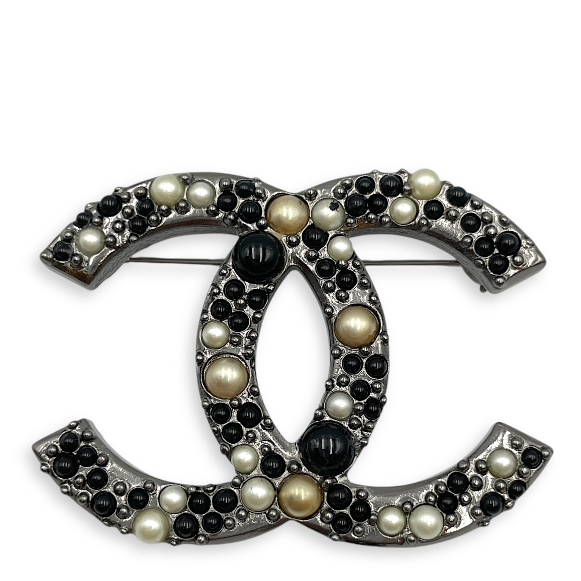 CC Pearl Large Silver Brooch , Ruthenium hardware
