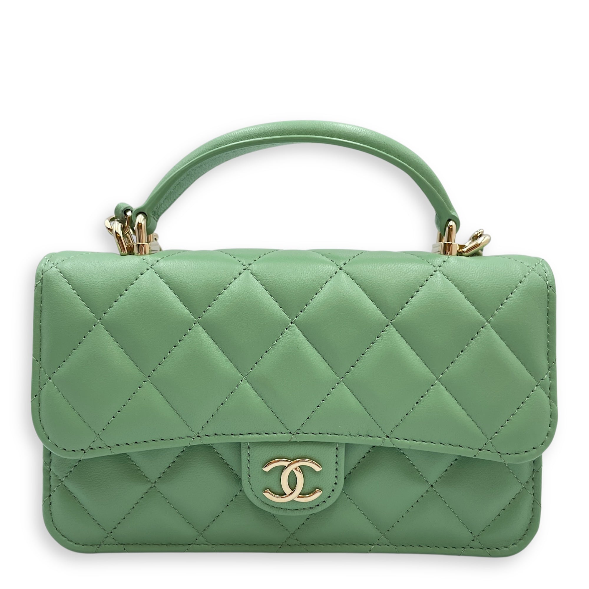 Top Handle Mini Apple Green Crossbody Bag in Lambskin, Gold hardware