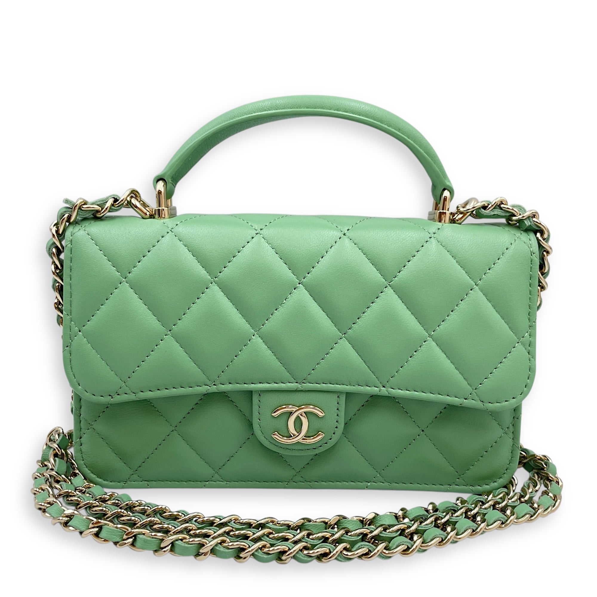 Top Handle Mini Apple Green Crossbody Bag in Lambskin, Gold hardware